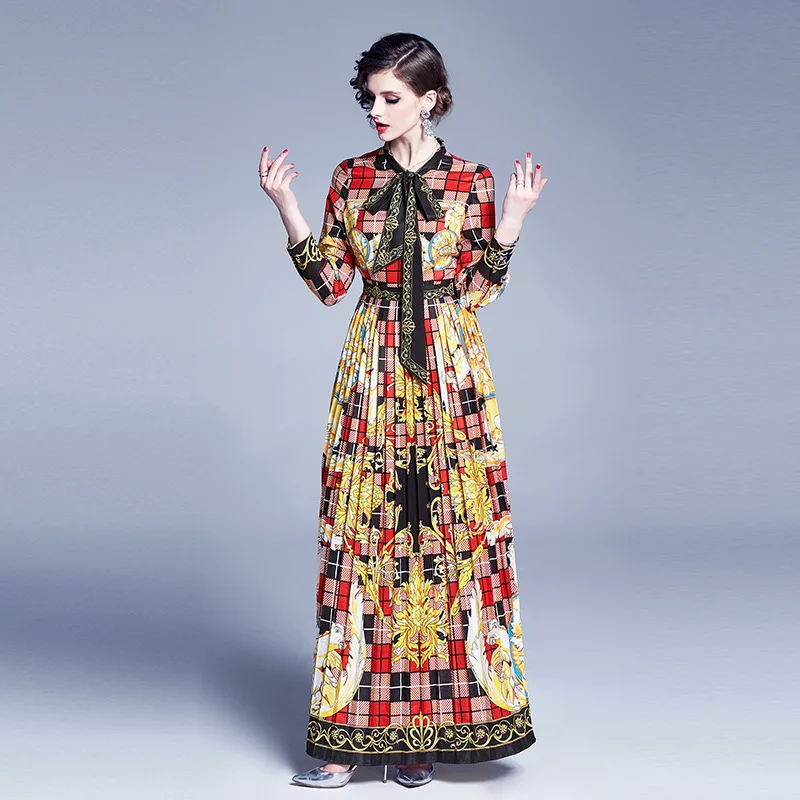 

Luxury Vintage Floral Plaid Printed Maxi Dress Women Bow Collar Long Sleeve A line Pleated Dress Female Runway Lady Long Dresses