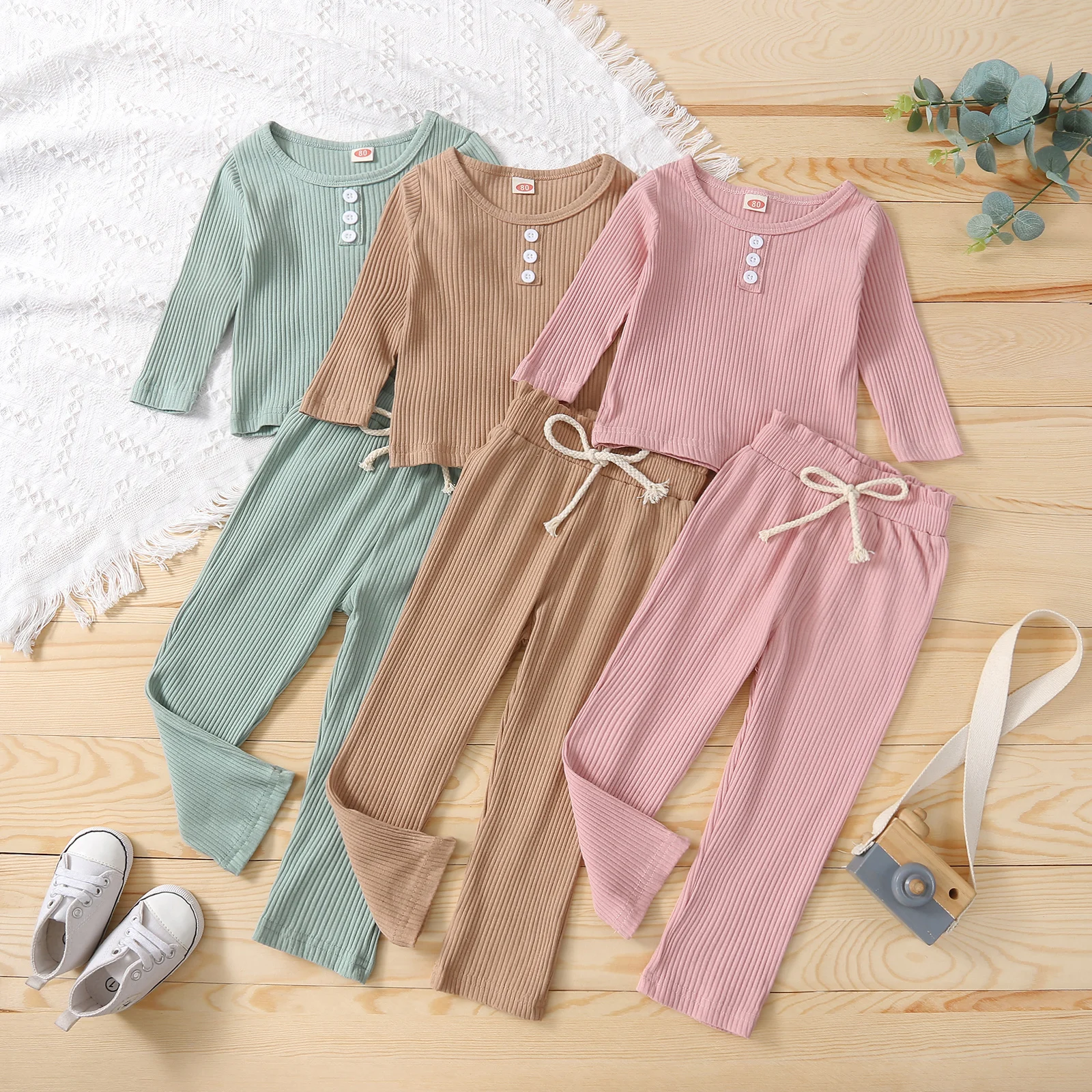 

Autumn Casual Kids Girls Clothes Sets 2pcs Solid Knitting Long Sleeve Pullover Tops Pants Homewear 1-6Y