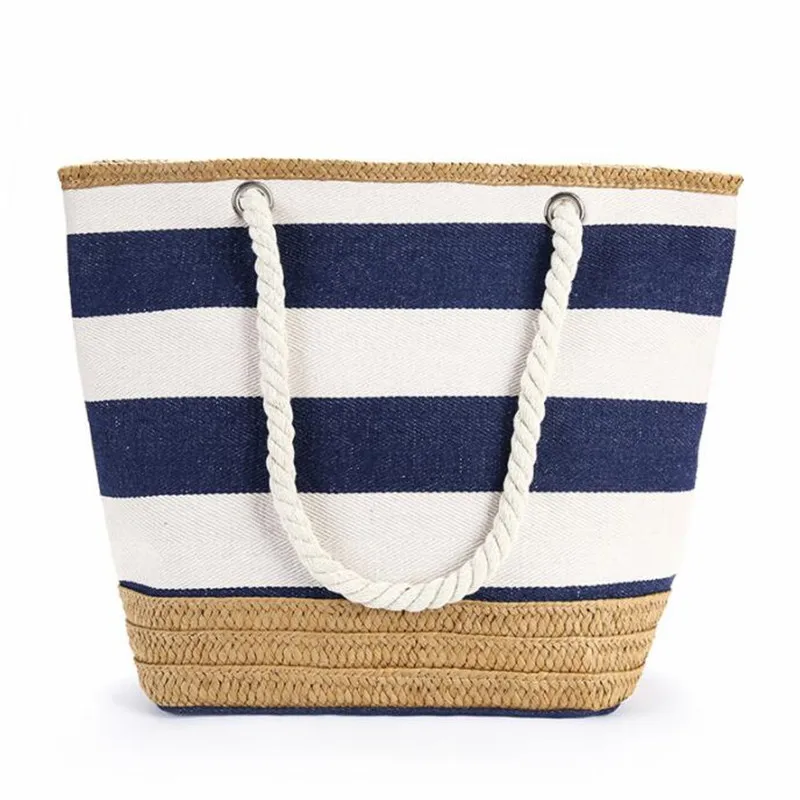 2023 Patchwork Beach Bag High Quality Striped Straw Bags Women Summer Canvas Handbag Larger Holiday Travel Palm Basket