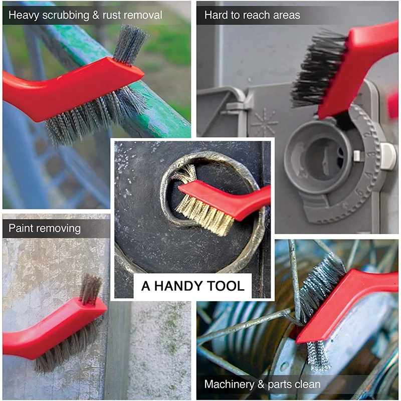 

3Pc 7 Inch Wire Brush Set - Nylon/Brass/Stainless Steel Bristles with Curved Handle Grip for Rust Dirt & Paint Scrubbing