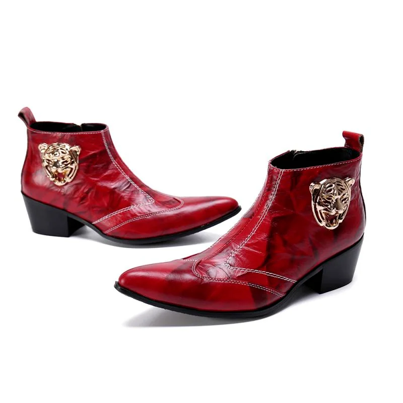 Женские мужские ботильоны из мягкой кожи с острым металлическим носком красные