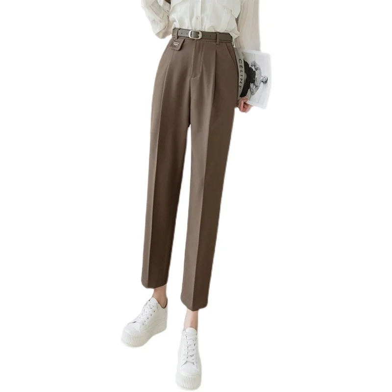 

2021 New Suit Pants Elegant High Waist Trousers Straight Pockets Ankle Length OL Style Fashion Women's Suit Pants Female