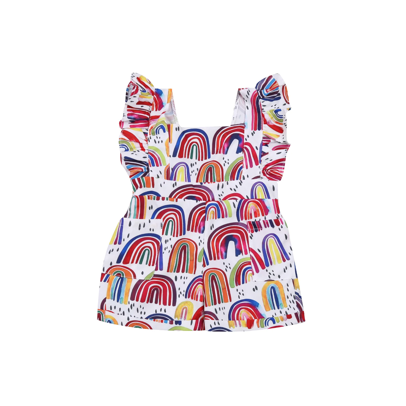 

0-18 Months Baby Girl’s Rainbow Printing One-piece Jumpsuit Ruffled Sleeve Square Neck Backless Short Pants Bodysuit for Summer
