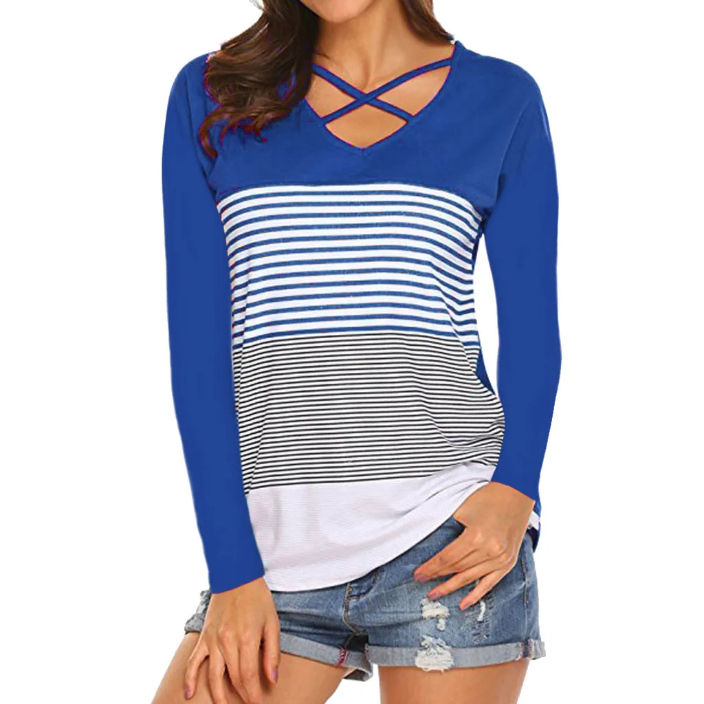2019 футболка Женская Полосатая с длинным рукавом Повседневные топы Poleras Camiseta Mujer