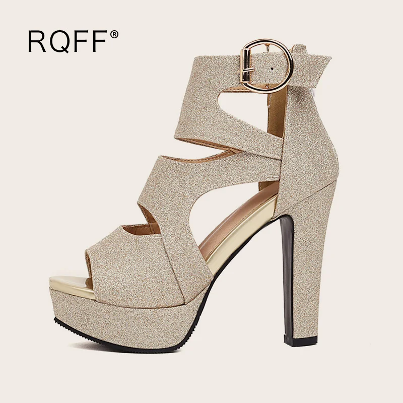 

Platform Women Shoes 2021 Summer New Fashion Open Toe Sexy Block High Heels Plus Size 32 48 Sequined Cloth Modern Sandals Silver