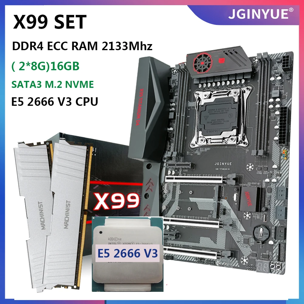 

JINGYUE X99 Motherboard LGA 2011-3 Set Kit With E5 2666 V3 CPU Processor 16G(2*8) DDR4 ECC RAM Memory Support M.2 NVME TANIUM D4
