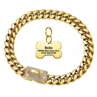 15mm gold dog collar cuban link collar with cubic zirconia diamond secure snap buckle luxury heavy duty collar dog id tags