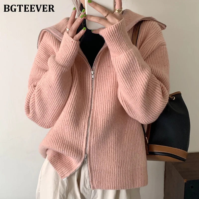 

Повседневный утепленный женский кардиган BGTEEVER, свободная водолазка, зимние теплые вязаные пуловеры на молнии с открытыми стежками, 2021