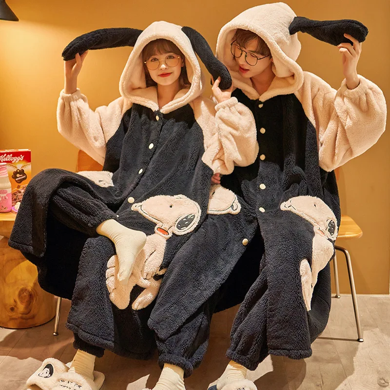 Coral Fleece Couple Pajamas Autumn and Winter Flannel Cute Autumn and Winter Thickened Men's Ladies' Robe Homewear Suit