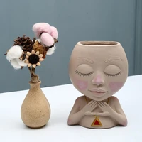 cute face flower pot meditated girl head decor flower container succulent planter pot resin crafts for home garden decoration