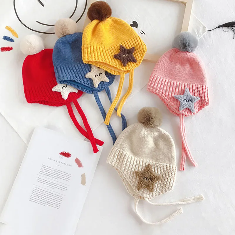 Детская Шерстяная Вязаная Шапка бини с помпоном в виде пятиконечной звезды