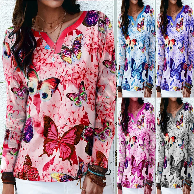 

2021 Autumn and Winter Trend New Ladies Fashion V-Neck Loose Positioning Butterfly Long-sleeved T-Shirt Women Clothing