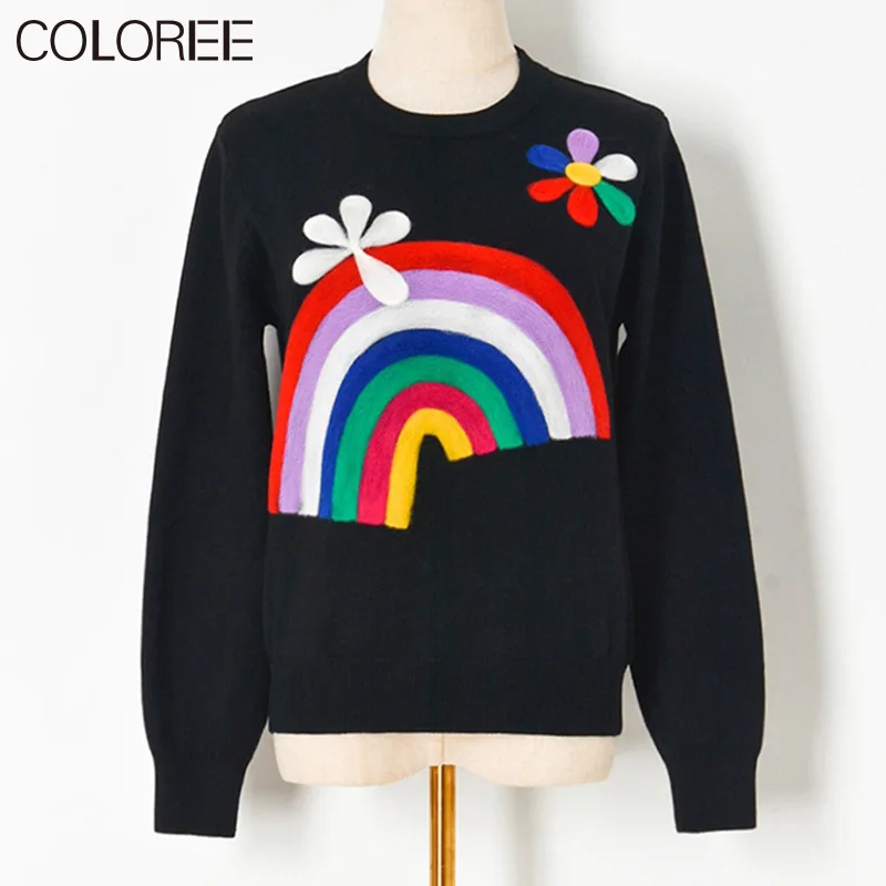 

Runway Designers Tops Mujer 2022 Autumn Winter Fashion Rainbow Embroidery Pull Femme Hiver White Black Knitted Sweater Women