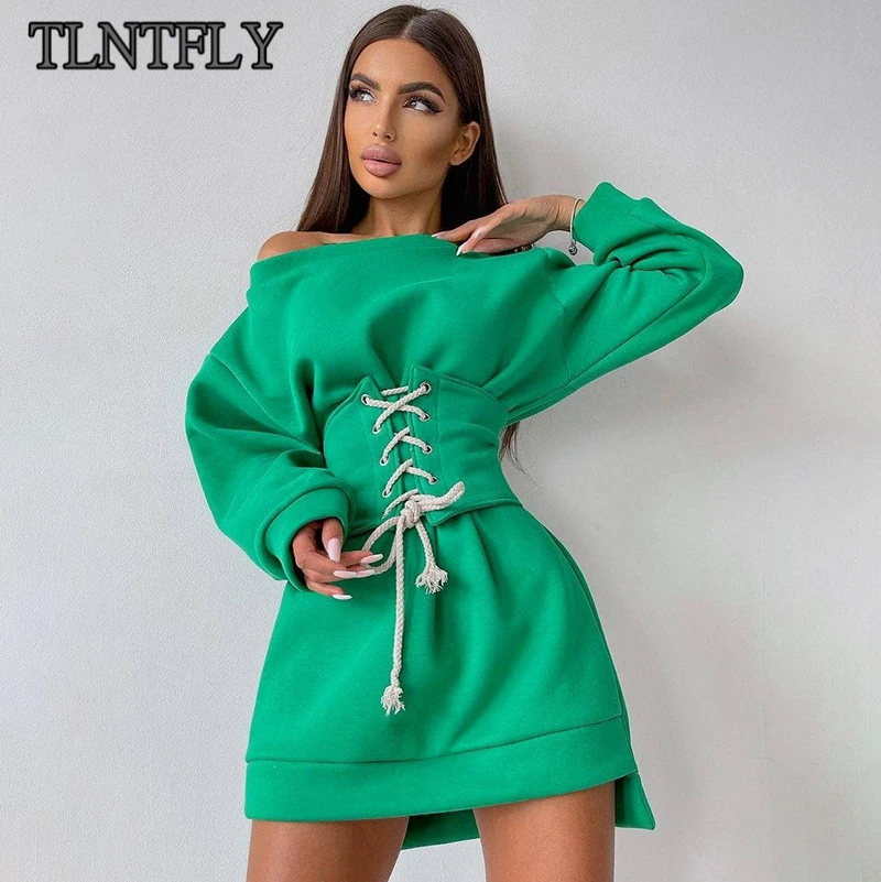 

TLNTFLY Spring 2022 Women's Elegant Bandage Dresses Fashion One-Shoulder Long-Sleeved Ribbed Waist Slim Mini Dress Streetwear