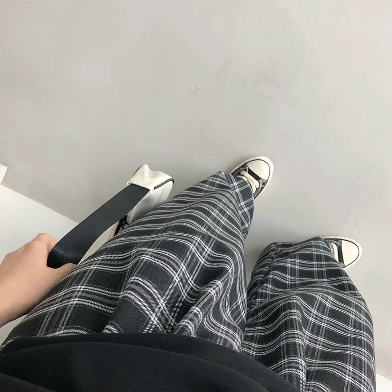 

QWEEK Harajuku Black And White Plaid Pants Women Korean Fashion Oversize Wide Leg Checked Trousers For Female 2021 Summer New