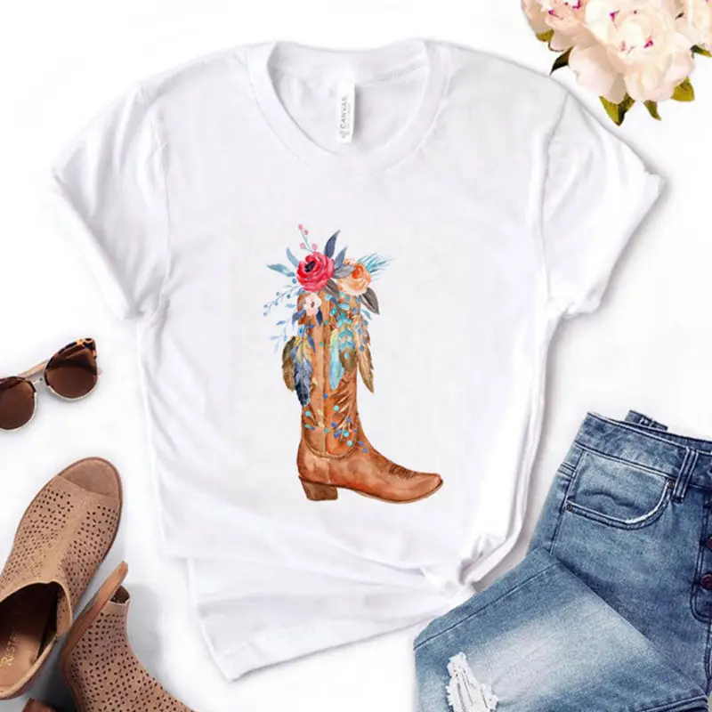 

cowgirl boots flowers Print Women tshirt Funny O Neck Short Sleeve White T Shirt Women Casual Loose Tee Tops Verano Mujer 2020_T