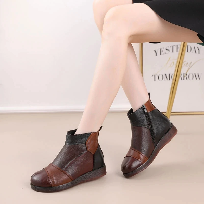 

YAERNI Autumn Winter Warm Snow Boots Women Ankle Boots 100% Genuine Leather Mixed Colors Zipper Handmade Retro Women Flat Boot