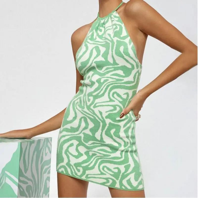 

KLEEZY Summer Knitted Halter Bodycon Club Dress Sexy Sheath Backless Vestido Causal Party Off Shoulder Sleeveless Women Dresses