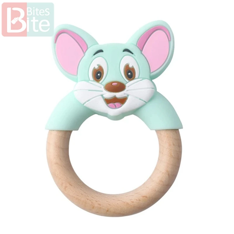 mint mouse ring 1 шт. Детские трофеи силиконовые мыши грызуны Силиконовые Прорезыватели деревянные кольца деревянный Прорезыватель коляска белка для детей товары игрушки - Цвет: mint mouse ring