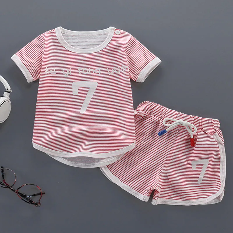 kids wear summer short-sleeved T-shirt beach pants two-piece striped plaid fashion sports suit hot sale child quality clothing | Детская
