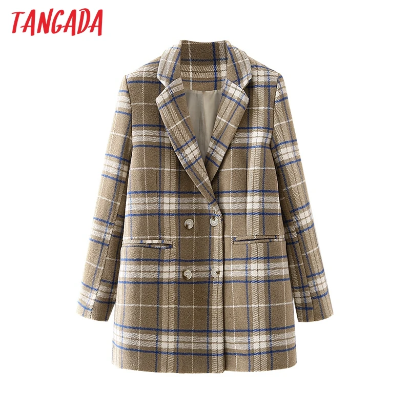 Tangada женская зимняя кофе плед шерстяной пиджак в стиле Винтаж двубортное пальто с