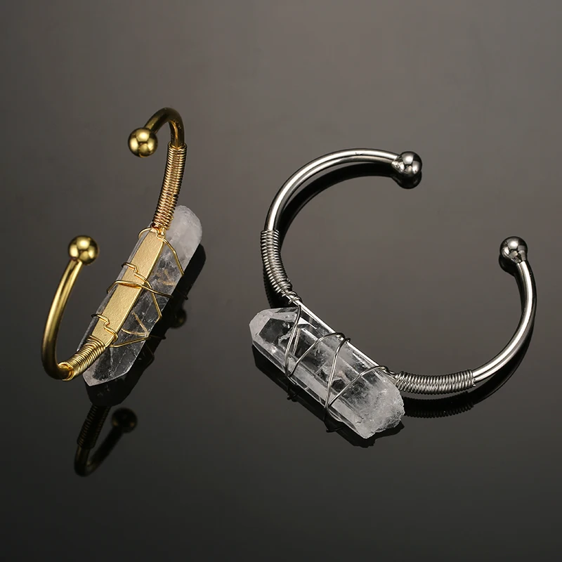 Браслет-манжета из натурального камня с неровным кварцем белого цвета Винтажные