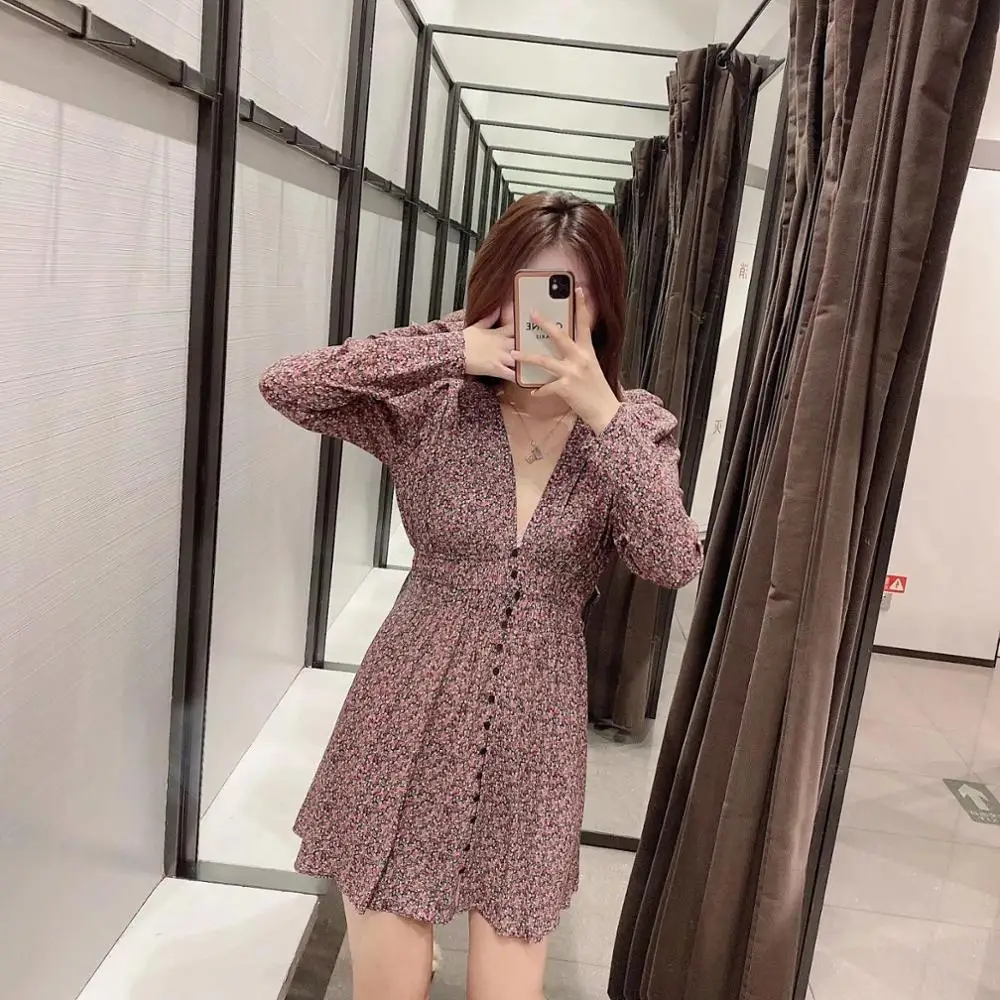 

2020 New Women Dress Floral Printed V-neck Elastic Waist Short elegant Casual Woman Dress