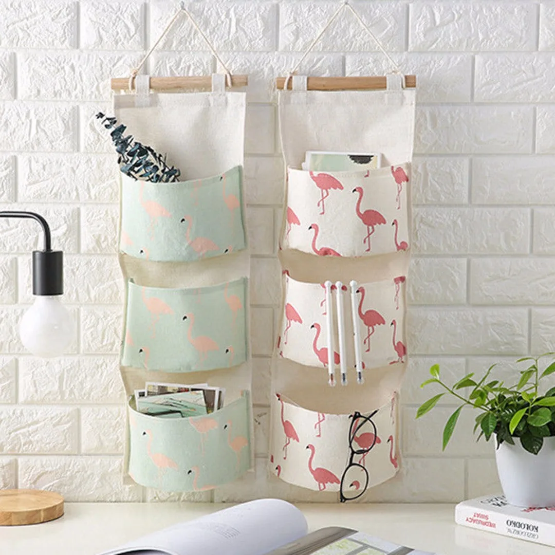 Льняная 3 слойная сумка для хранения с фламинго льняная настенная кармана