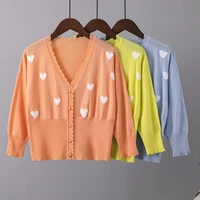 love heart knitted crop cardigan spring summer korean style long sleeve v neck crop sweater tops female button up knitwear