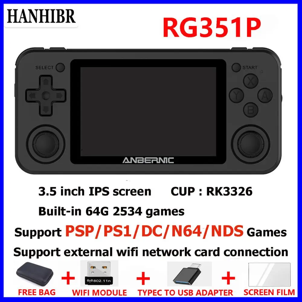 HANHIBR RG351P Ретро игровая консоль RK3326 64G с открытым исходным кодом PS1Video Game Handheld 3 5