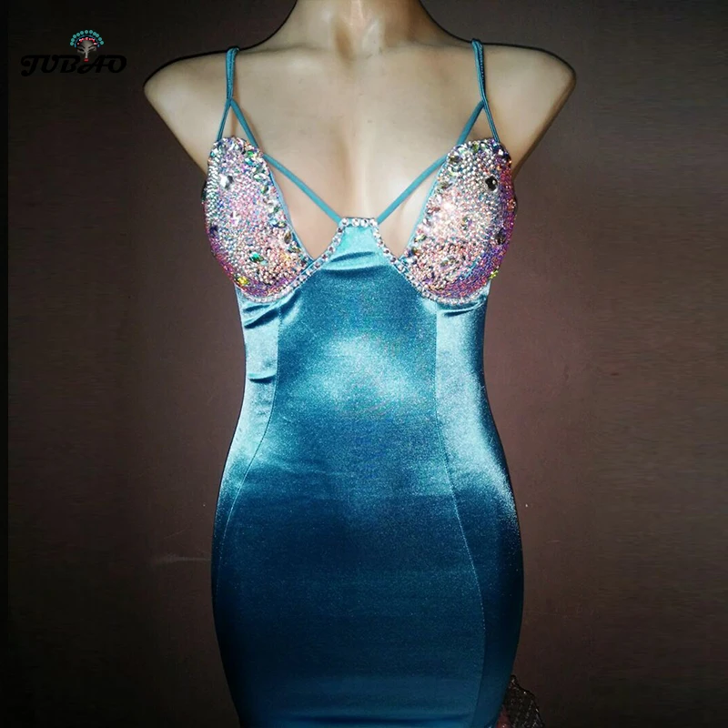 

New Blue yellow dresses for women Spaghetti Strap Diamonds Sleeveless Celebrity sexy dresses party Night elegant french vestido
