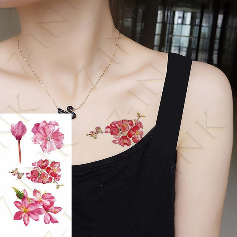 2021 переводятся с помощью воды татуировки розовый цветок пиона боди арт красная