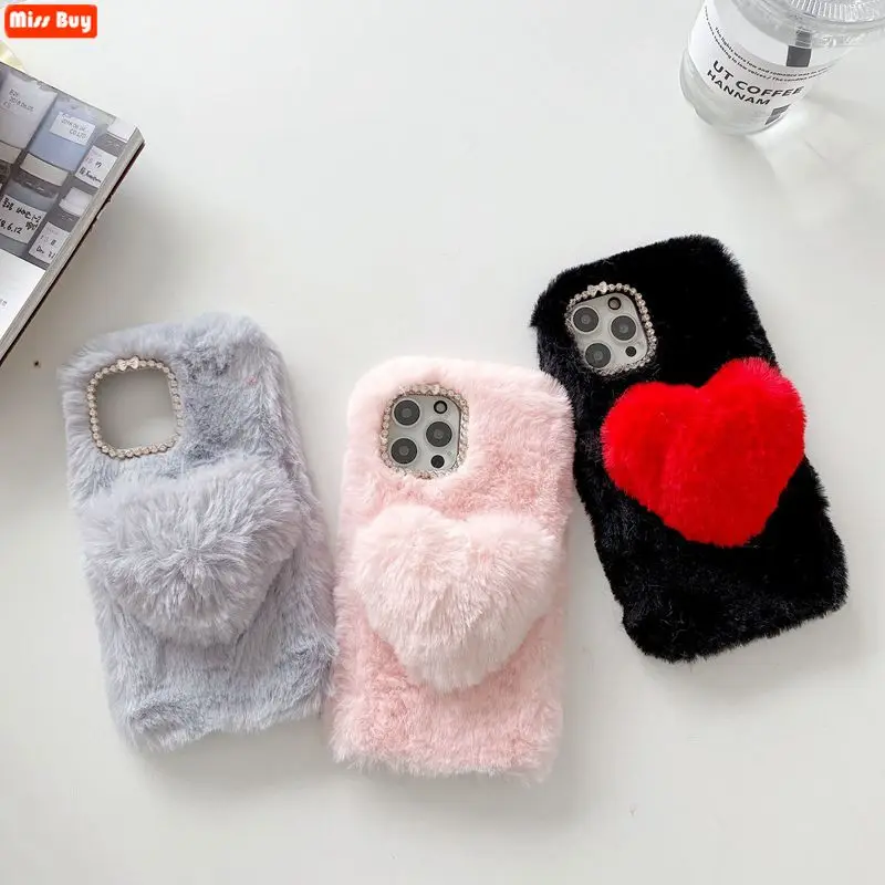 

Luxury Love Heart Phone Case For Huawei P8 P9 Lite 2017 P9 Plus P10 Lite P10 Plus Cute Warm Winter Plush Fur Silicone Covers