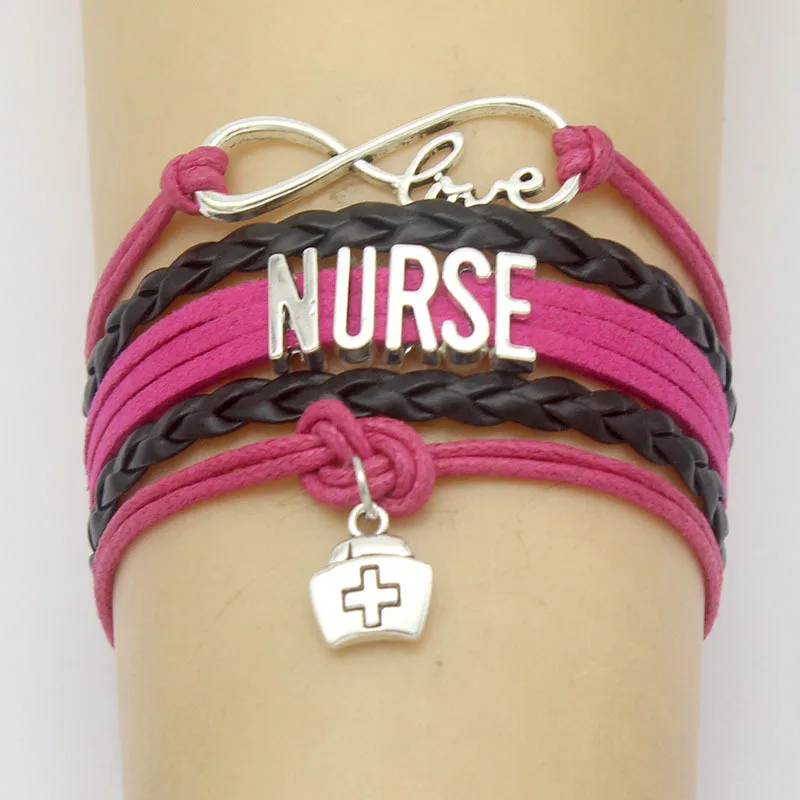 10PC/lot Infinity Love Nurse Nursing LPN CNA Hat Heart Charms Bracelet Registered Adjustable Leather Bracelets Women Men Jewelry images - 6