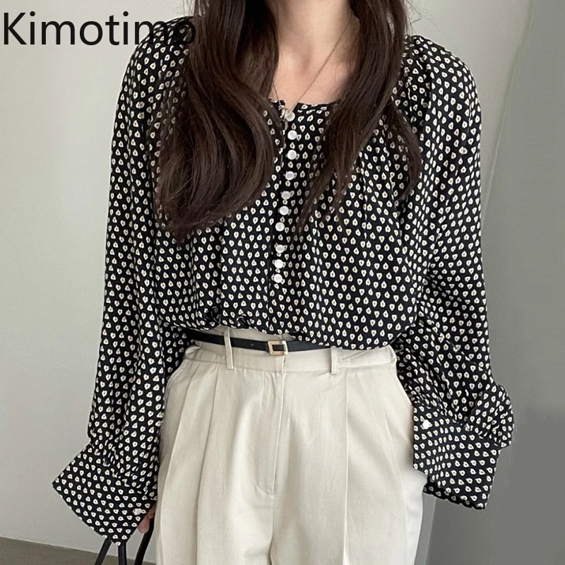 

Цветочная блузка Kimotimo с пышными рукавами, женские корейские шикарные повседневные короткие дизайнерские топы с круглым вырезом, осенняя но...