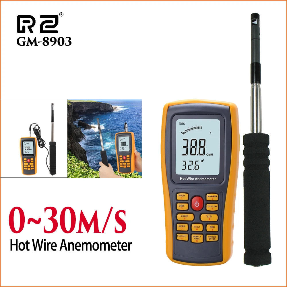 RZ Анемометр Датчик скорости ветра Anemometro lcd цифровой ручной анемометр измеритель скорости воздуха измеритель температуры GM8901