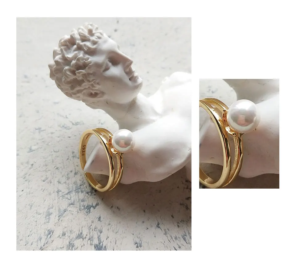 E Jewelry, 925, серебряное, элегантное, золотое, двойное кольцо для женщин, круглый жемчуг, позолота, для женщин, вечерние, элегантные кольца, ювелирное изделие