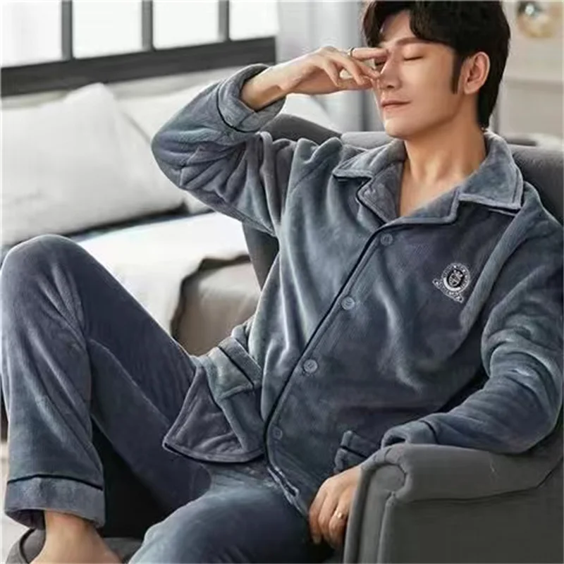 Coral Fleece Pajama Sets Men Thick Warm Flannel Winter Pyjamas Sets Long Sleeve Nightwear Casual Loose Sleepwear