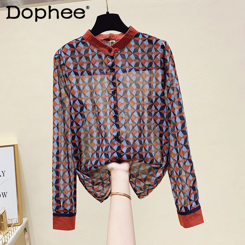 

Женская шифоновая блузка в клетку, элегантная повседневная рубашка в стиле ретро, с длинным рукавом, весна-лето 2021