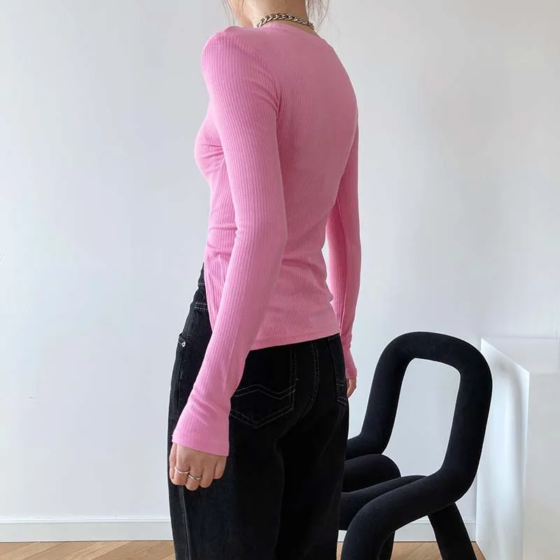 

2021 Spring Design Split Shoulder pads Long Sleeved T-shirt Women's Slit Slim Round Neck Basic Bottoming Shirt