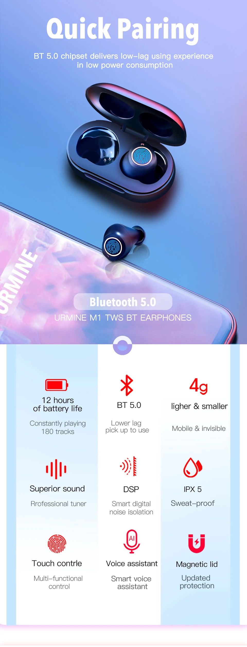 Bluetooth наушники 5,0 TWS с сенсорным управлением отпечатков пальцев HD стерео наушники беспроводные наушники с шумоподавлением игровая гарнитура