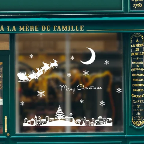 Autocollant mural de noël, ville au clair de lune, pour fenêtre en verre, vitrine, Festival, décoration de la maison, papier peint, autocollants du nouvel an