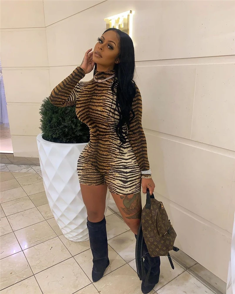 

Adogirl Tiger Stripe Print Women Sexy Playsuit 2020 Spring High Neck Long Sleeve Shorts Jumpsuit Night Club Skinny Romper Overal