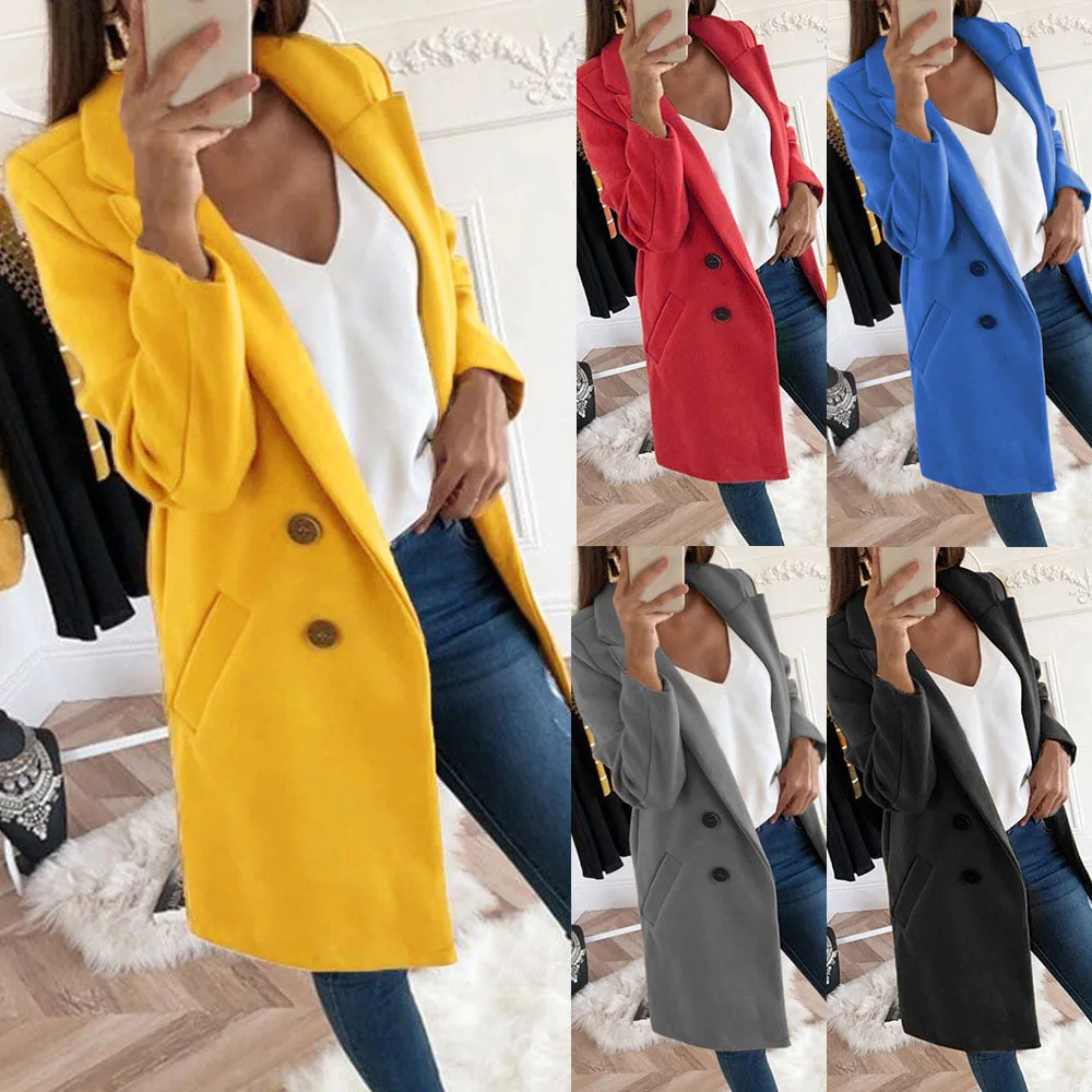 Women's solid color fashion lapel mid-length button woolen coat