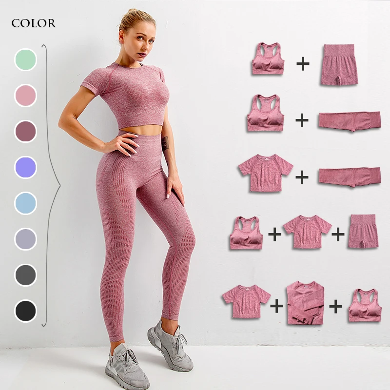 

seamless set of female yoga workout clothes gym fitness long sleeve crop top high waist leggings sports suits