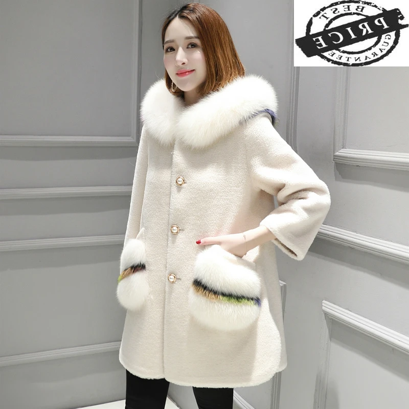 

Sheep Shearing Coats Autumn Winter 100% Wool Jacket Women Real Fox Fur Hooded Elegant Long Jackets Parka Spring LWL126a