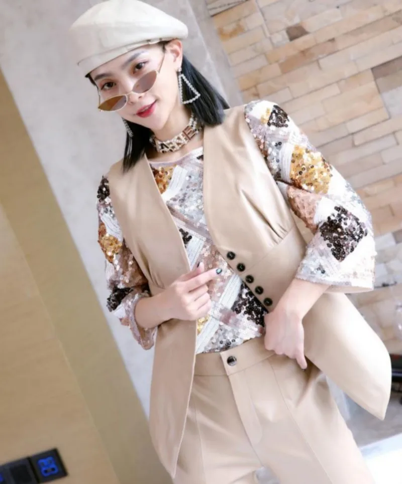 

Spring Women V Neck Single Breasted Vest High Quality Sheepskin Genuine Leather Jacket Sleeveless Slim Fit Khaki Waistcoat Tops