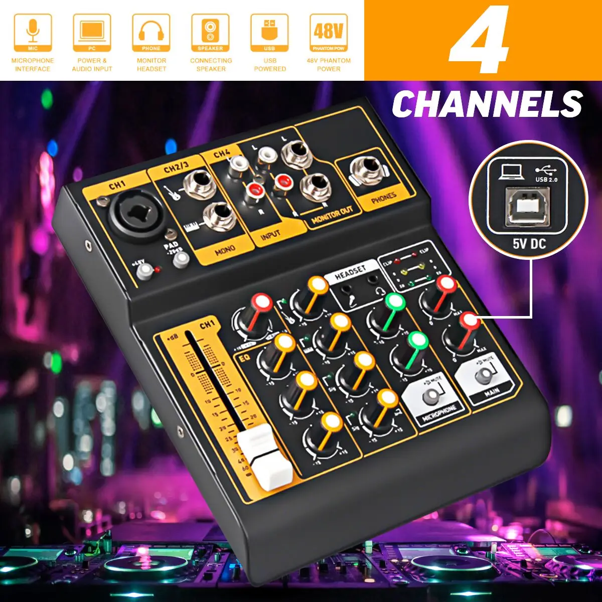 Мини 4 канала USB портативный микшер Live Studio аудио микшерный пульт DJ звук 48 в усилитель для караоке KTV вечерние звуковые карты