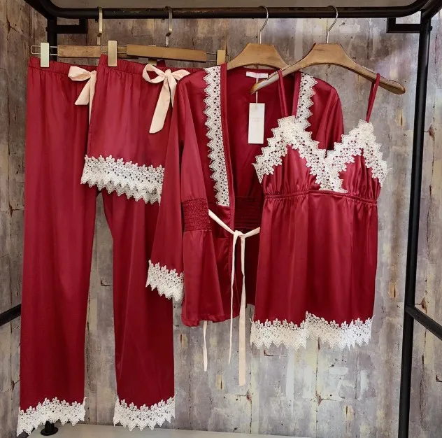 Весенняя новая атласная Шелковая пижама для женщин, кружевное сексуальное женское белье, комплекты для сна на шнуровке, женская ночная рубашка, 4 предмета, домашние костюмы - Цвет: Красный