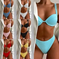 new high cut bikini push up swimsuit female swimwear women summer solid bikini set with bra cup bather bathing suit swim lady
